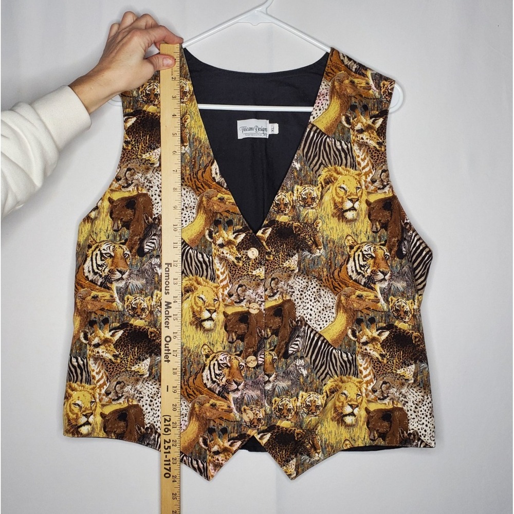 Vtg Toscano Jungle Animals Vest Women XL Cotton Twill Button V-Neck Safari Zoo - Picture 7 of 8